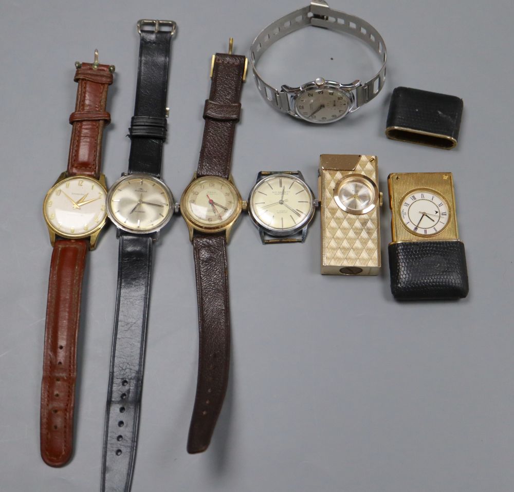 Five assorted wrist watches including Mondia, Ingersoll & Inventic and a travelling watch and a lighter watch.